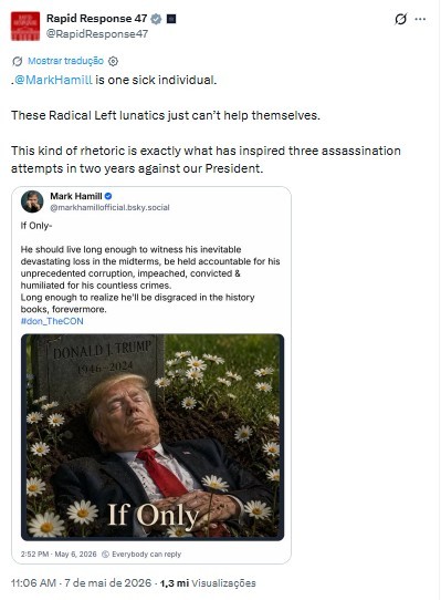 Casa Branca chama Mark Hamill de ‘doente’ após ator publicar imagem de IA de Trump em túmulo; artista apagou post e se desculpou