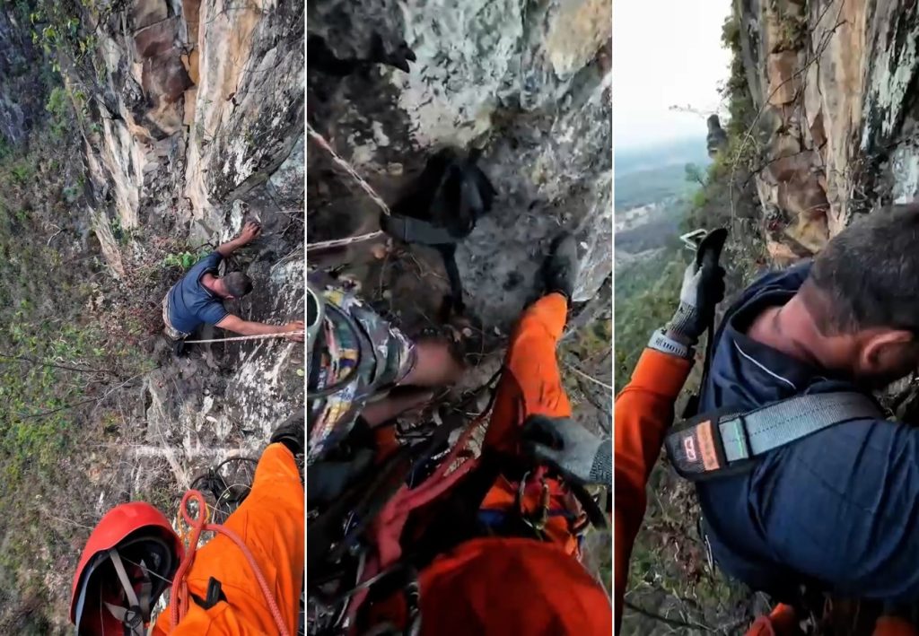 Vídeo mostra resgate de turista que escorregou de serra e ficou preso em penhasco no TO ao tentar tirar selfie